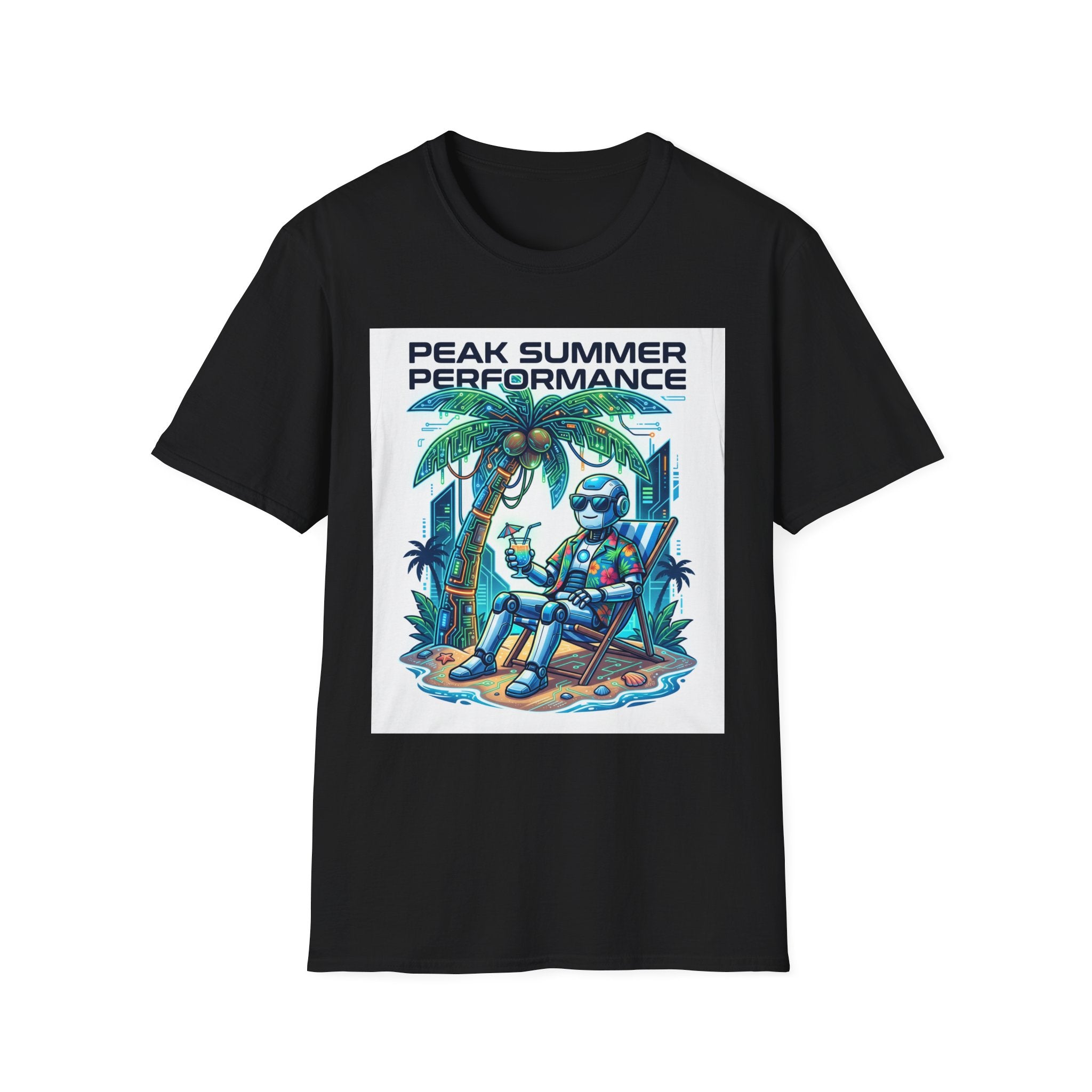 Peak Summer Performance T-Shirt — Retro Palm Tree & Relaxing Robot Graphic Tee