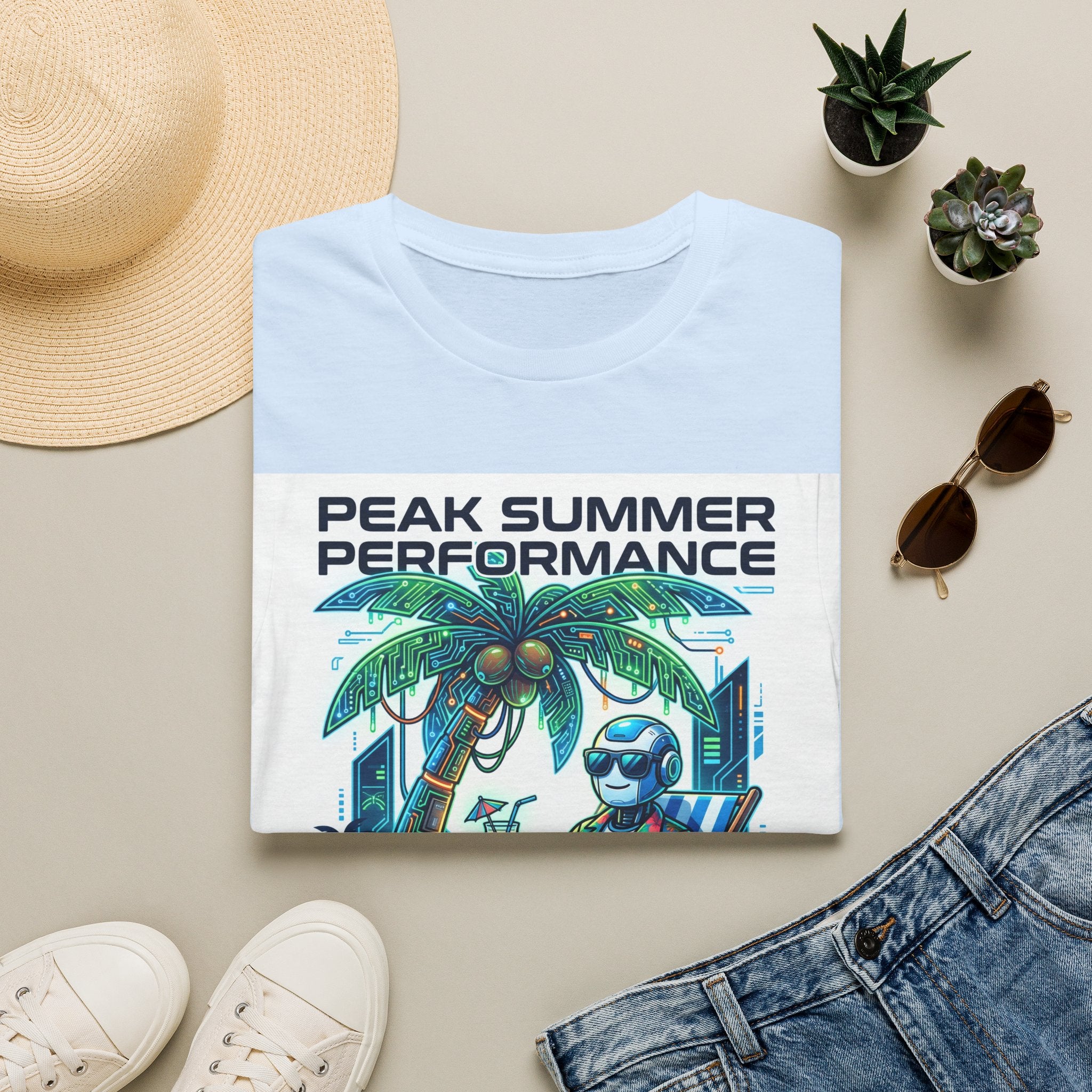 Peak Summer Performance T-Shirt — Retro Palm Tree & Relaxing Robot Graphic Tee