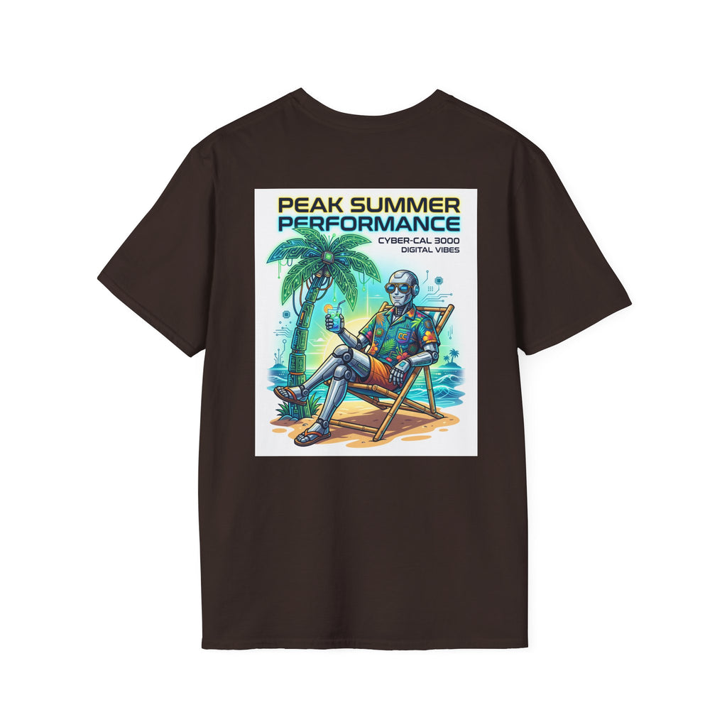 Peak Summer Performance T-Shirt — Retro Palm Tree & Relaxing Robot Graphic Tee