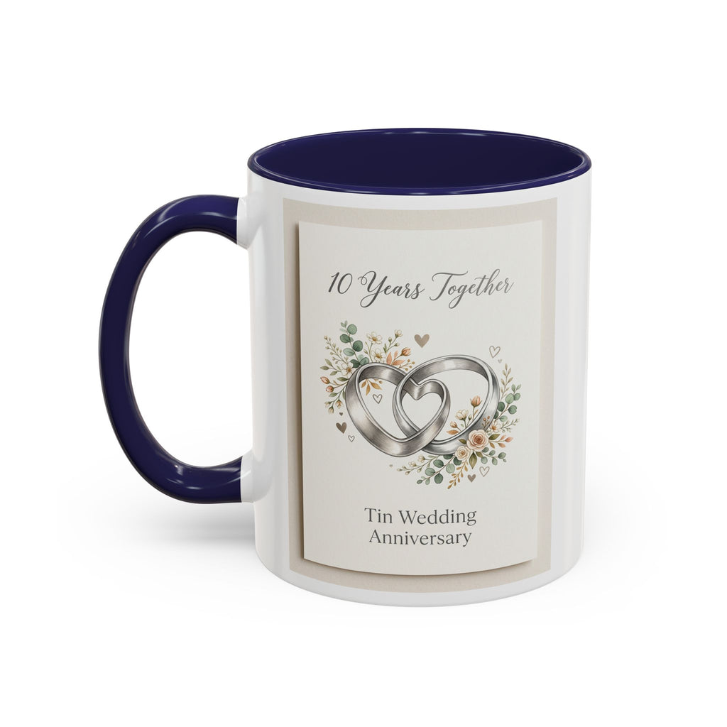 10th Wedding Anniversary Tin Rings Coffee Mug — '10 Years Together' Floral Accent