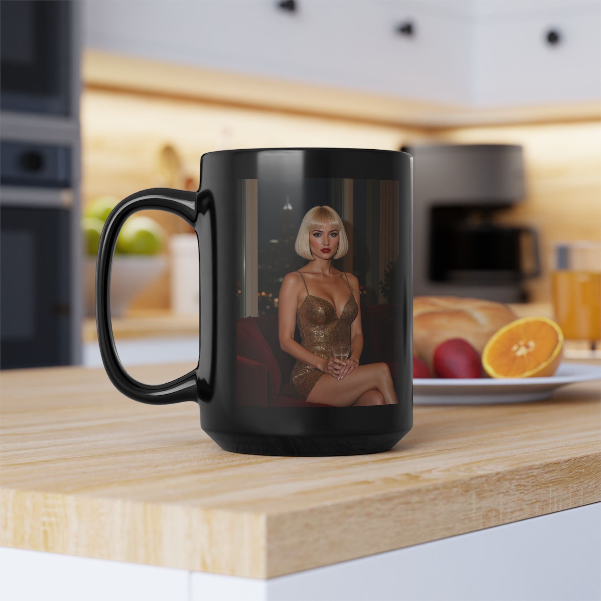 Black Photo Mug — Elegant Evening Portrait Coffee Cup (11oz/15oz)