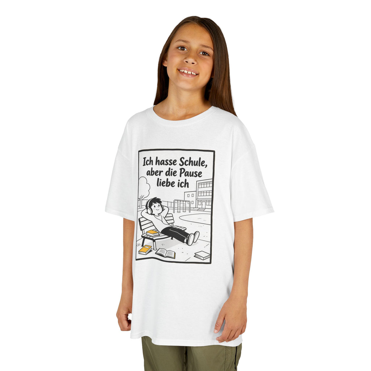 Kinder-T-Shirt – „Ich hasse Schule, aber die Pause liebe ich“ Cartoon-Schulpausen-Shirt