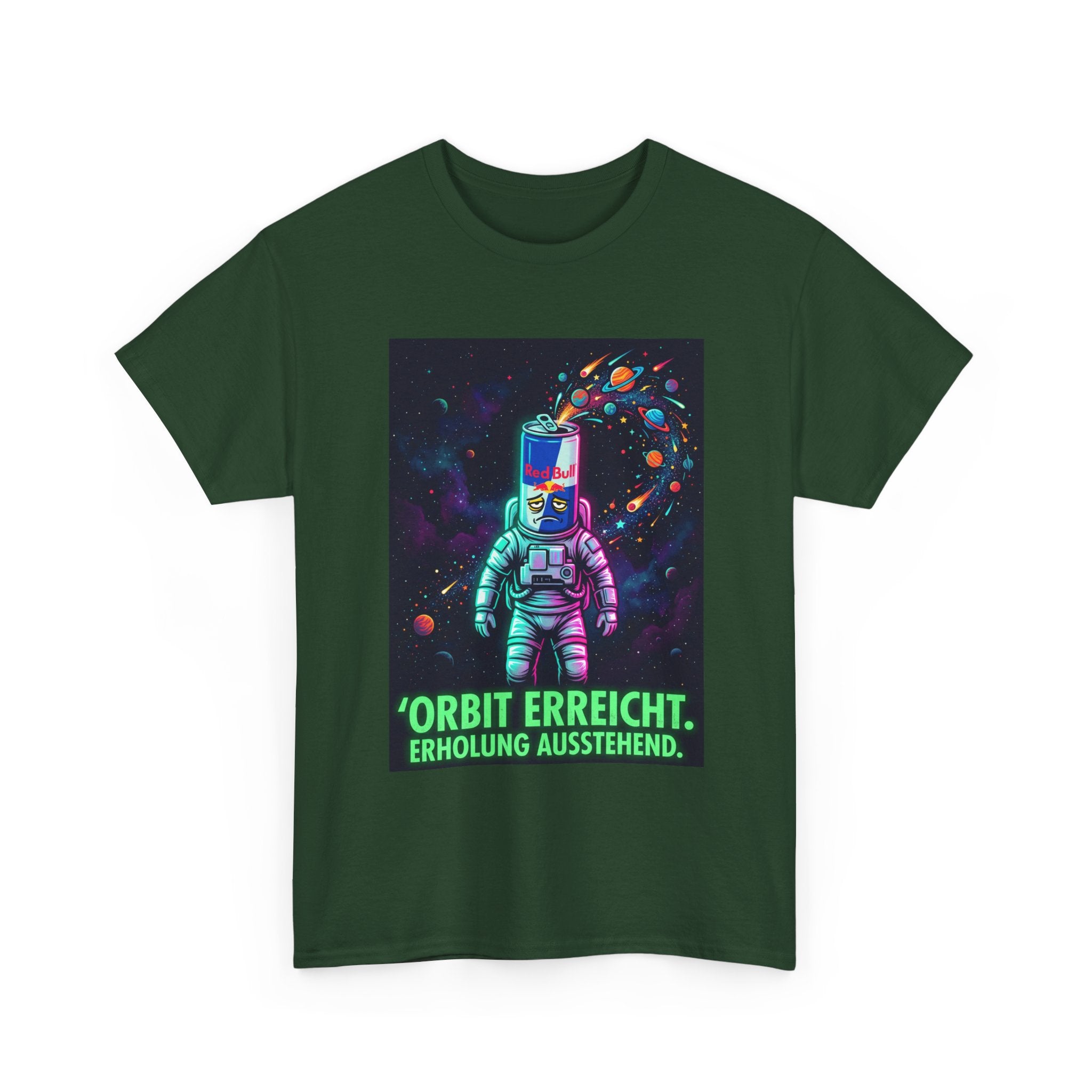 Astronaut Graphic Tee — “Orbit erreicht. Erholung ausstehend.” Neon Space Shirt