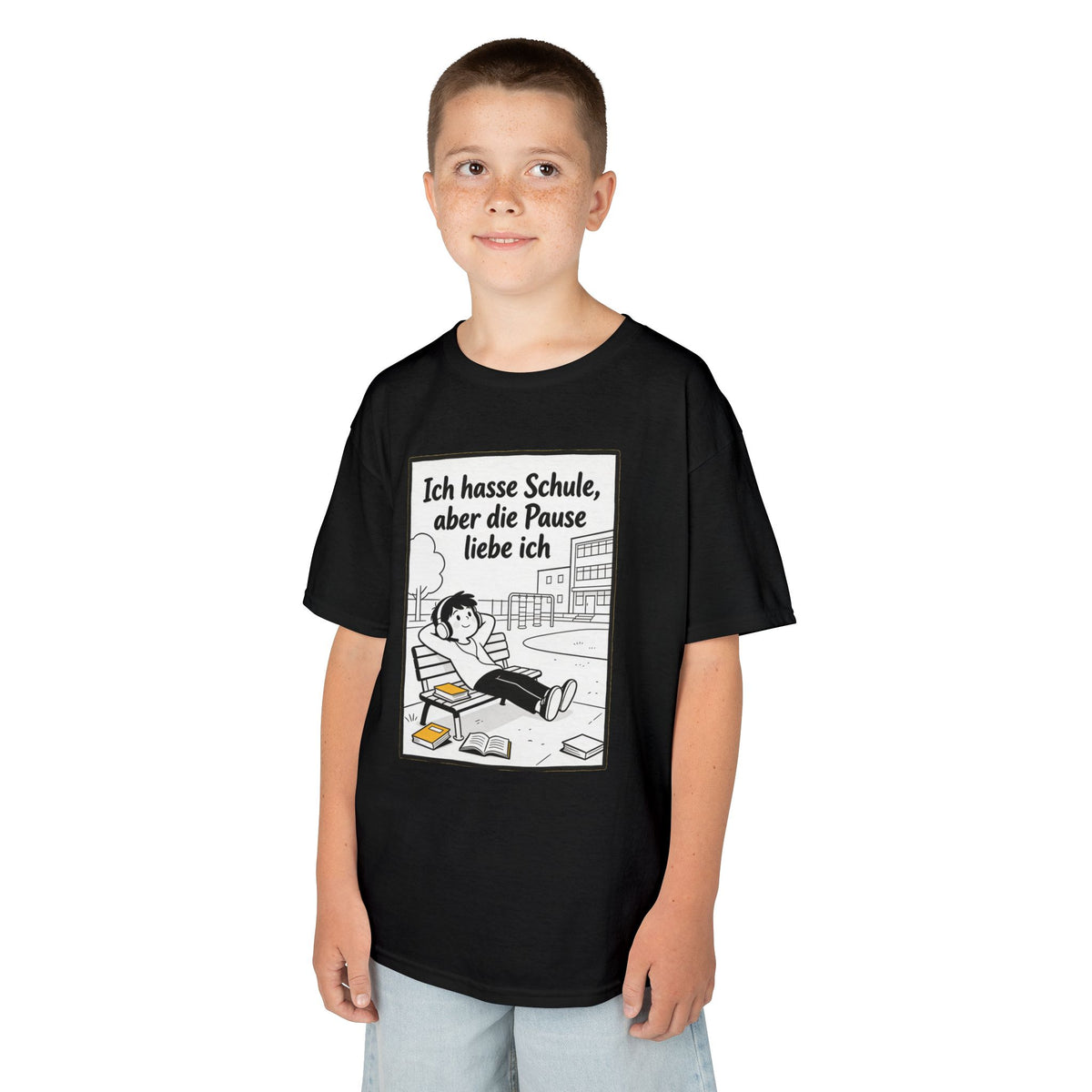 Kinder-T-Shirt – „Ich hasse Schule, aber die Pause liebe ich“ Cartoon-Schulpausen-Shirt