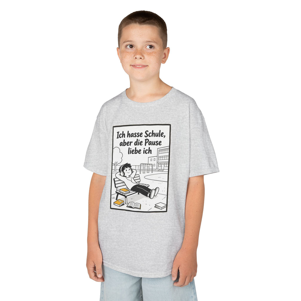 Kinder-T-Shirt – „Ich hasse Schule, aber die Pause liebe ich“ Cartoon-Schulpausen-Shirt