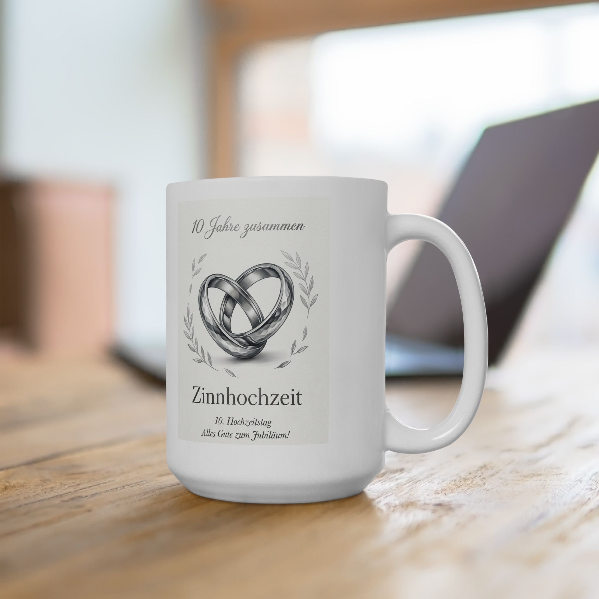 Inspirational Heart Ceramic Mug — 'Zinnhochzeit - 10 Jahre zusammen' Memorial Coffee Cup (11oz & 15oz)