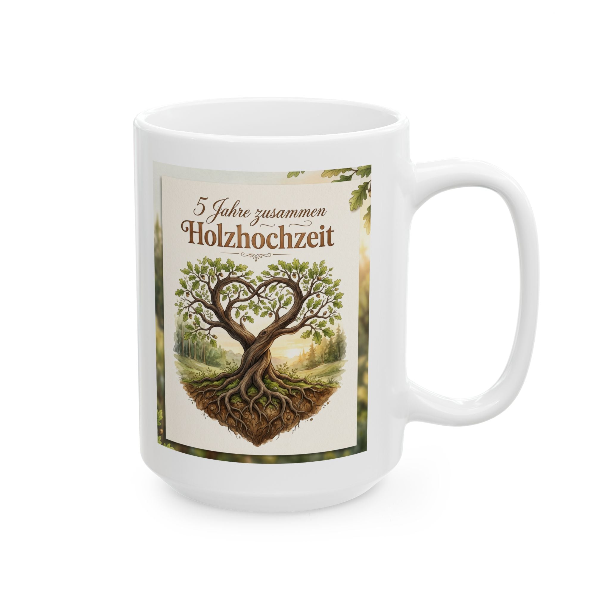 Vintage Family Tree Ceramic Mug – "5 Jahre zusammen - Holzhochzeit" Rustic 11oz/15oz, German