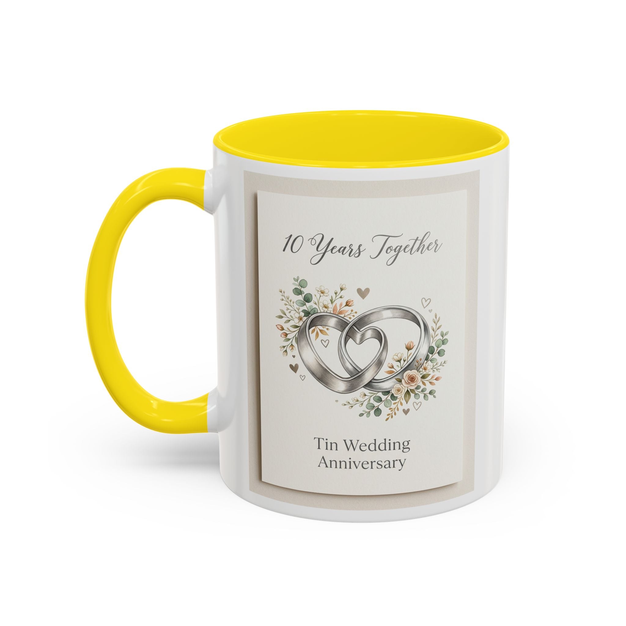 10th Wedding Anniversary Tin Rings Coffee Mug — '10 Years Together' Floral Accent