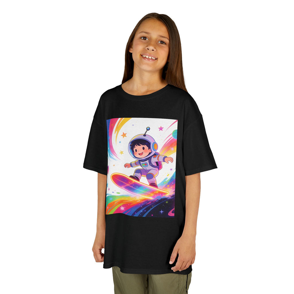 Kids Tee — Rainbow Space Surfing Astronaut Graphic