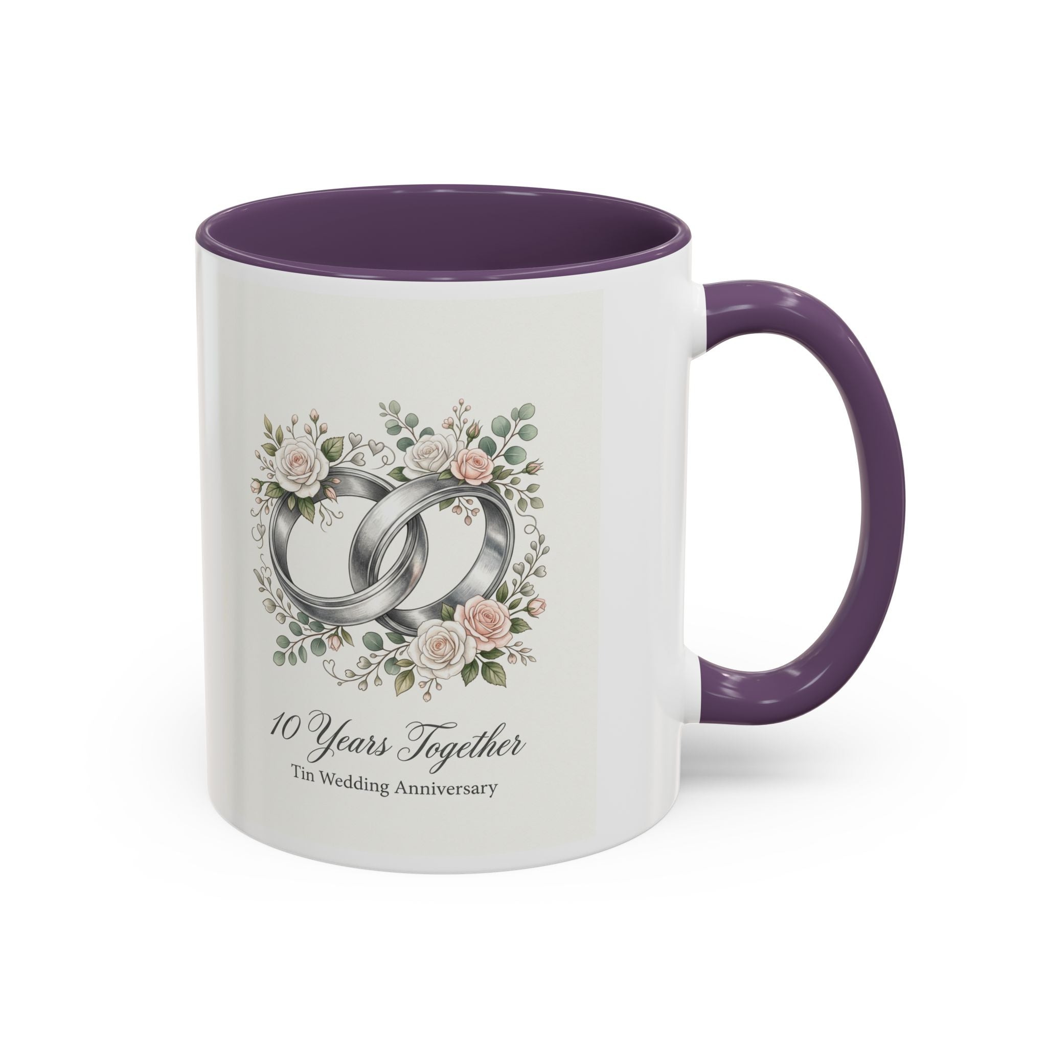 10th Wedding Anniversary Tin Rings Coffee Mug — '10 Years Together' Floral Accent