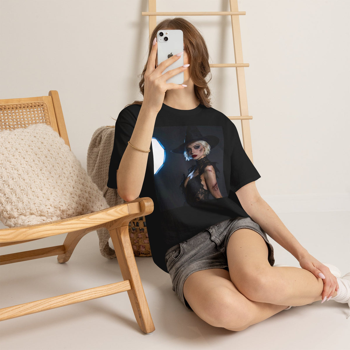 Gothic witch T-shirt with artistic witch portrait and dark Halloween design