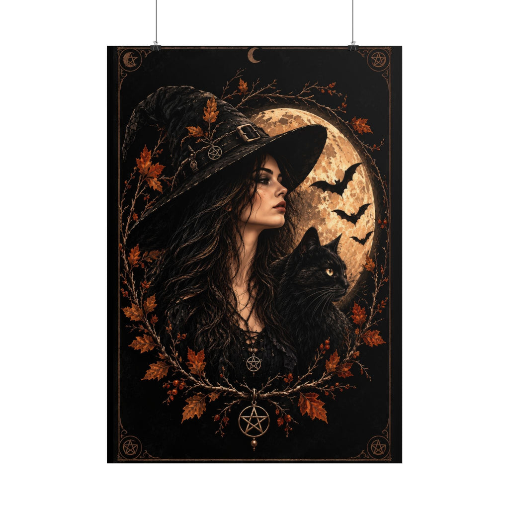Black cat and witch Halloween artwork for gothic home decor