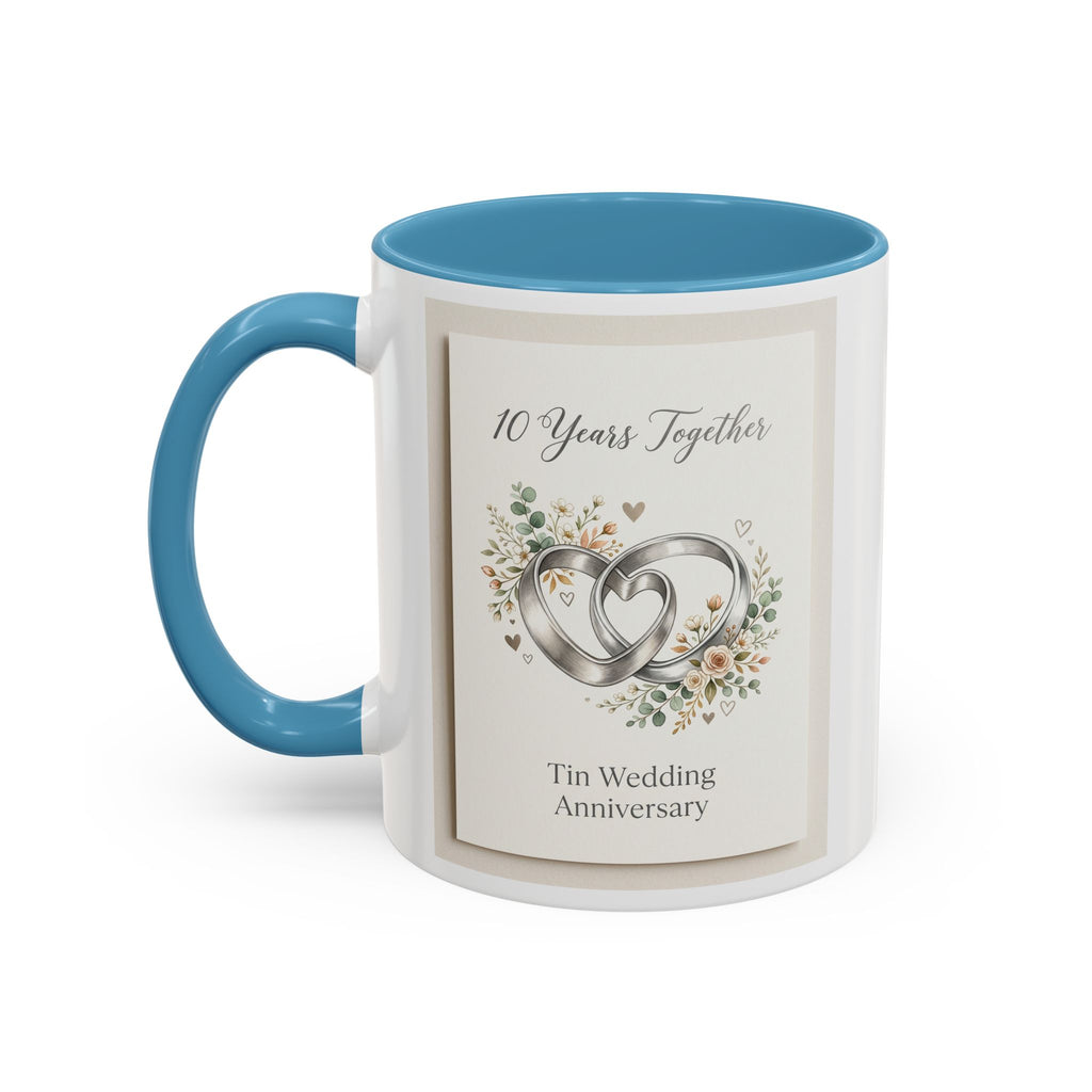 10th Wedding Anniversary Tin Rings Coffee Mug — '10 Years Together' Floral Accent