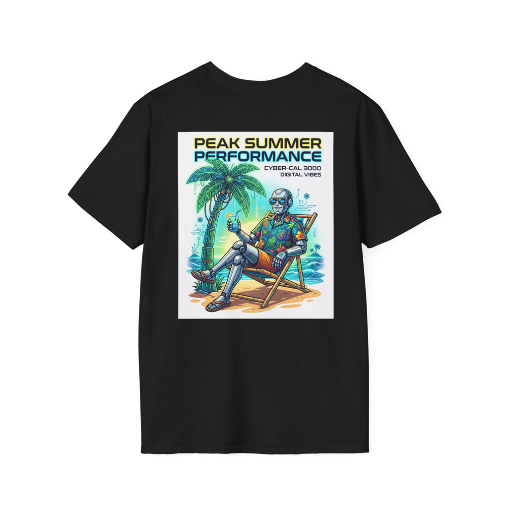 Peak Summer Performance T-Shirt — Retro Palm Tree & Relaxing Robot Graphic Tee