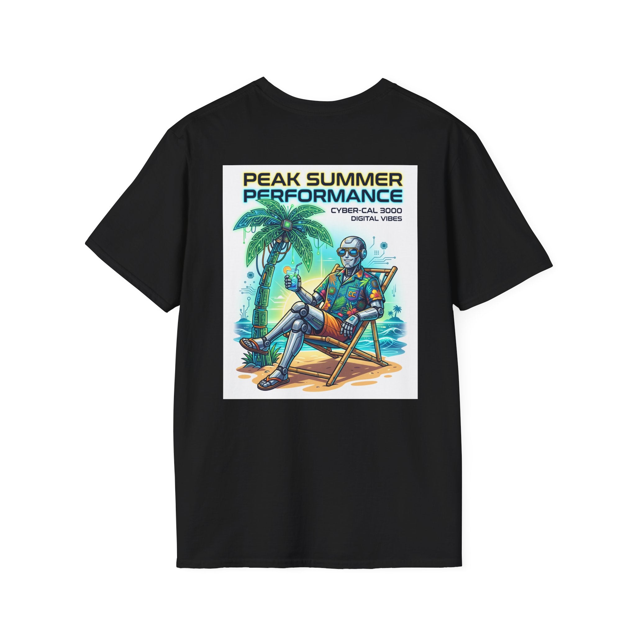 Peak Summer Performance T-Shirt — Retro Palm Tree & Relaxing Robot Graphic Tee