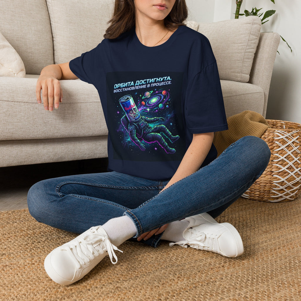 Orbital Reset T-Shirt — "Орбита достигнута. Восстановление в процессе." Cosmic Energy Drink Tee