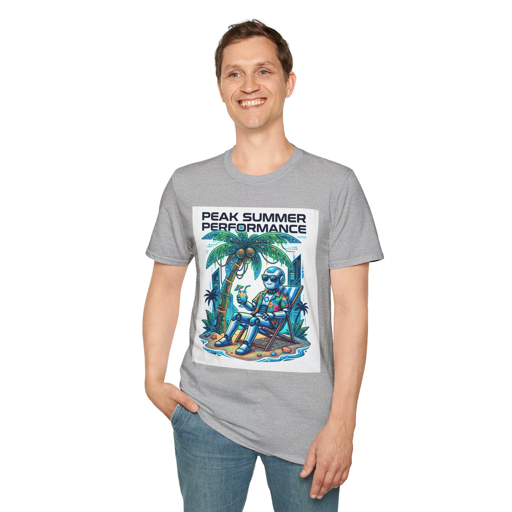 Peak Summer Performance T-Shirt — Retro Palm Tree & Relaxing Robot Graphic Tee