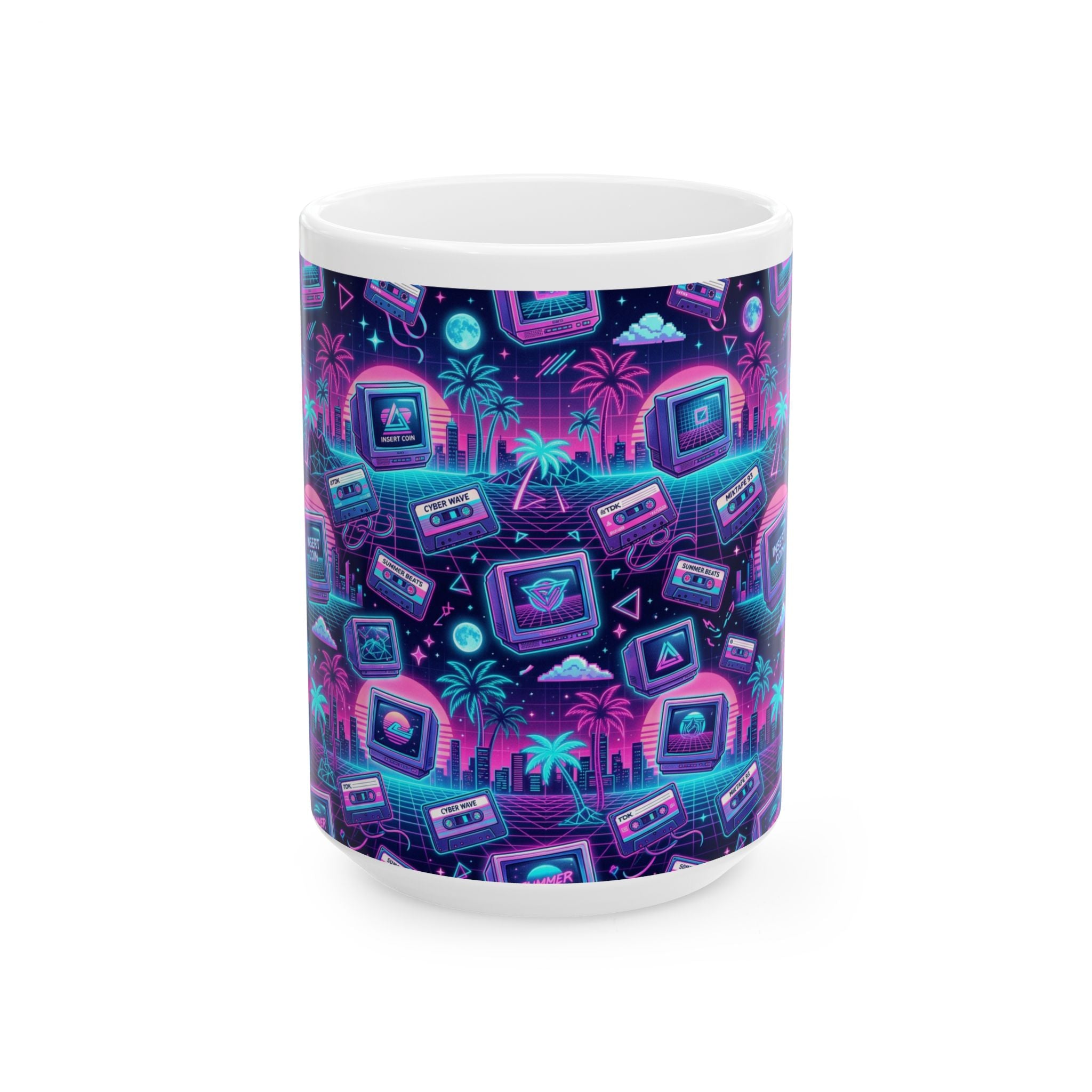 Retro Vaporwave Mug — Neon 80s Cassette & Palm Tree Ceramic Coffee Cup (11oz/15oz)