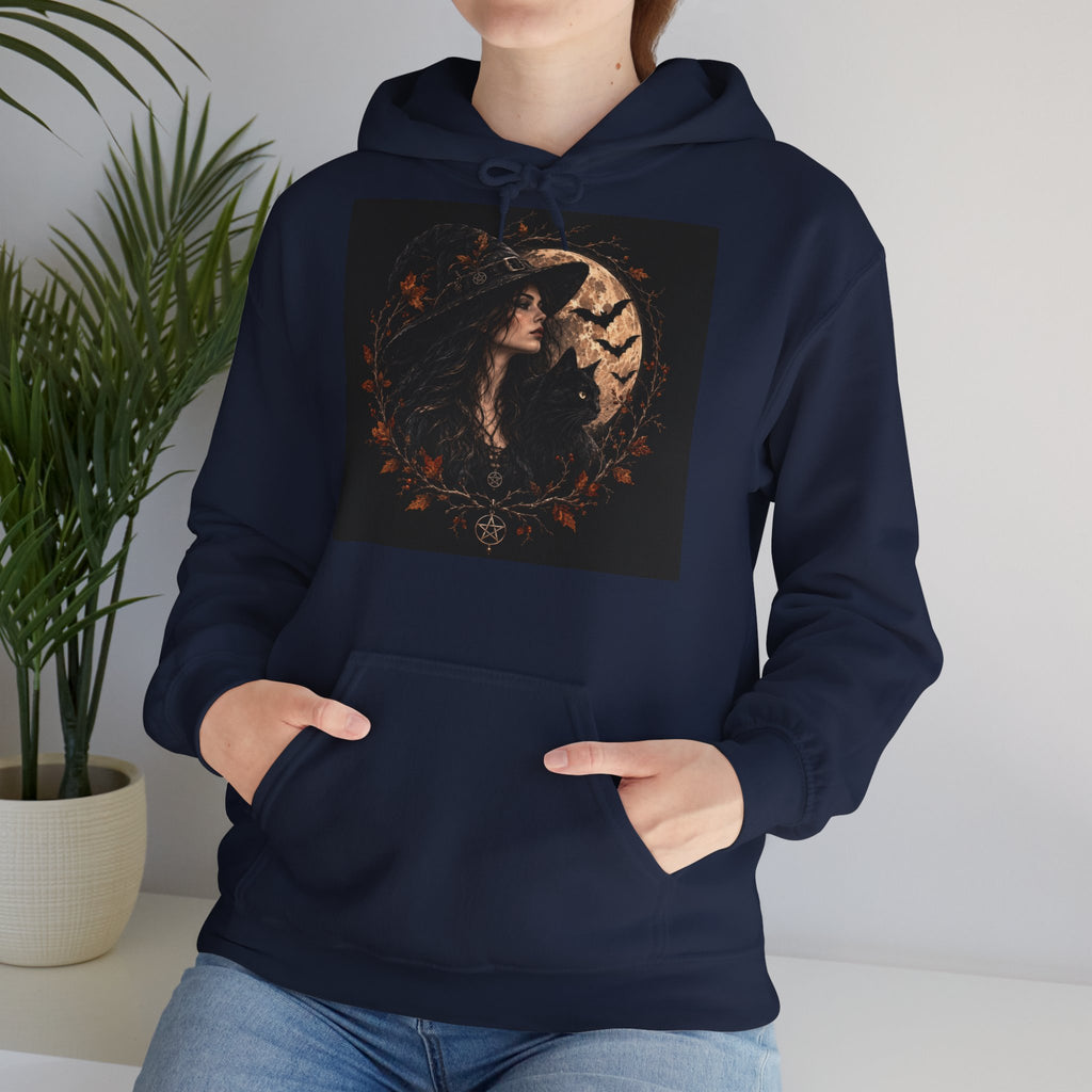 Black hoodie with gothic witch, moon and black cat design