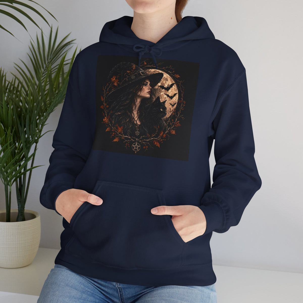 Black hoodie with gothic witch, moon and black cat design