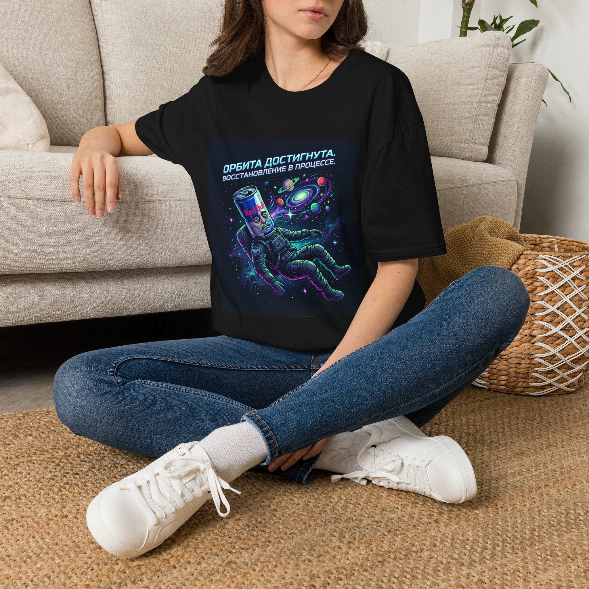 Orbital Reset T-Shirt — "Орбита достигнута. Восстановление в процессе." Cosmic Energy Drink Tee