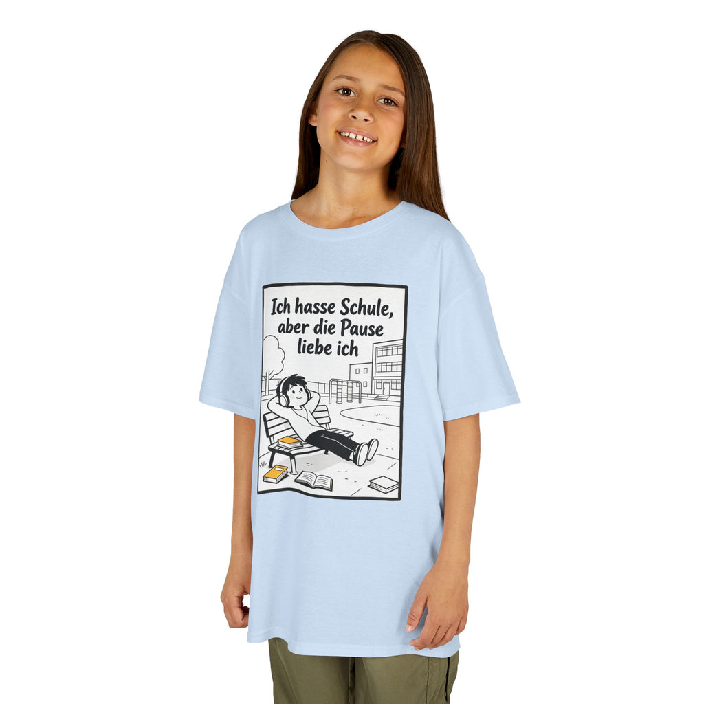Kinder-T-Shirt – „Ich hasse Schule, aber die Pause liebe ich“ Cartoon-Schulpausen-Shirt
