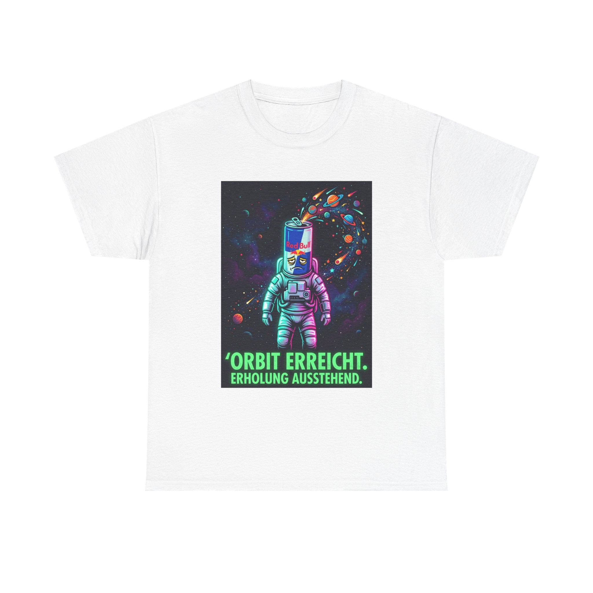 Astronaut Graphic Tee — “Orbit erreicht. Erholung ausstehend.” Neon Space Shirt