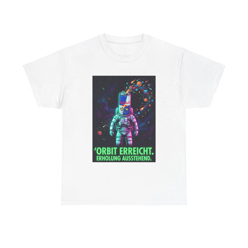 Astronaut Graphic Tee — “Orbit erreicht. Erholung ausstehend.” Neon Space Shirt