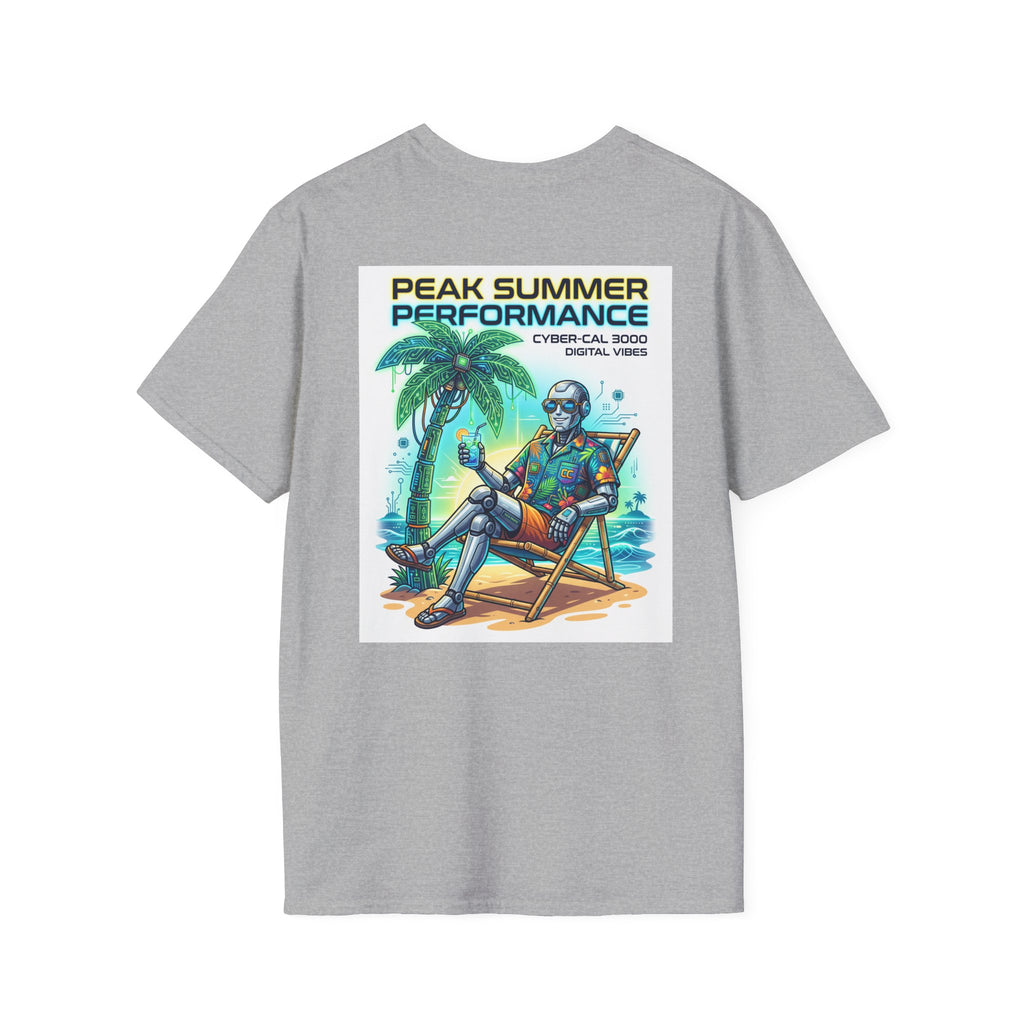 Peak Summer Performance T-Shirt — Retro Palm Tree & Relaxing Robot Graphic Tee