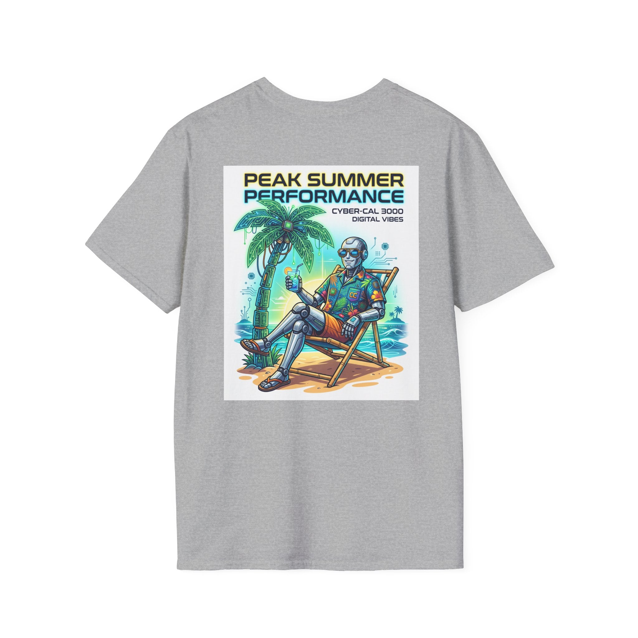 Peak Summer Performance T-Shirt — Retro Palm Tree & Relaxing Robot Graphic Tee