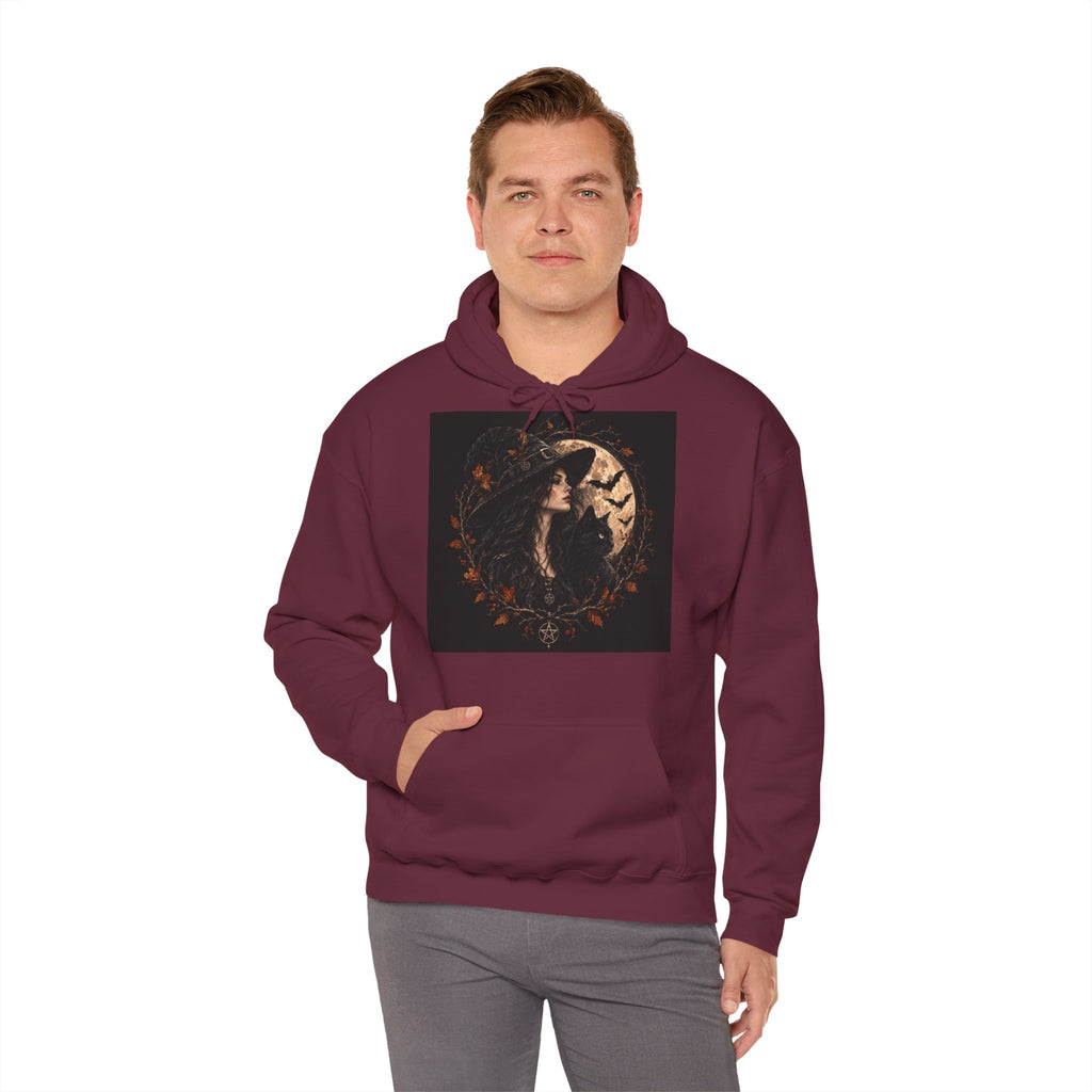 Dark witchy hoodie with full moon, autumn leaves and mystical details