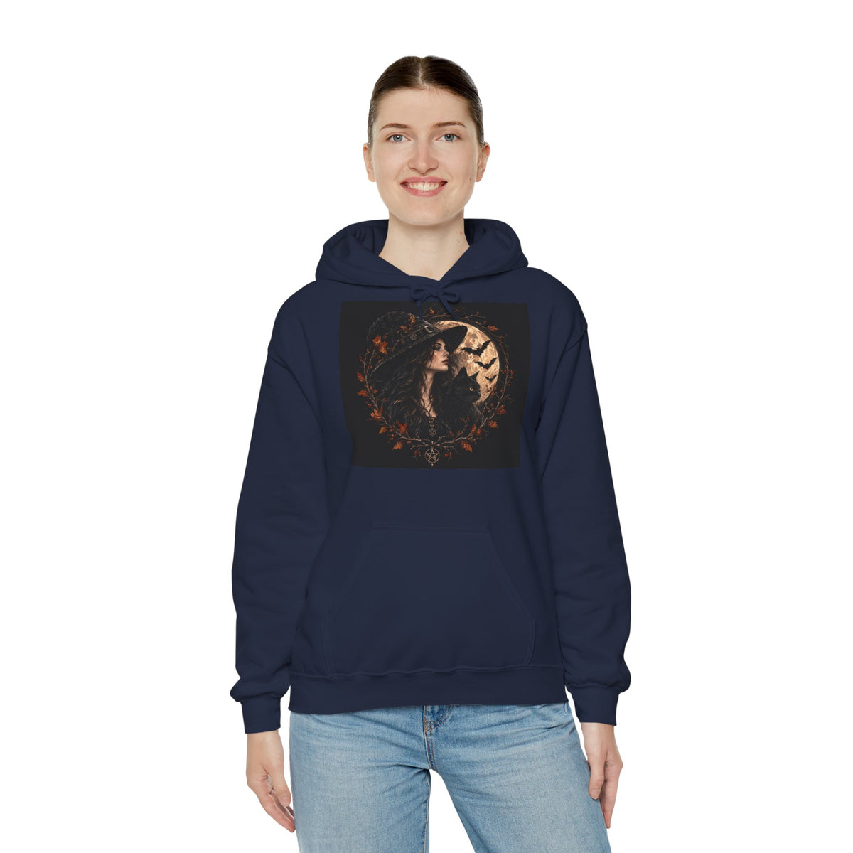Gothic Halloween hoodie artwork with witch and black cat
