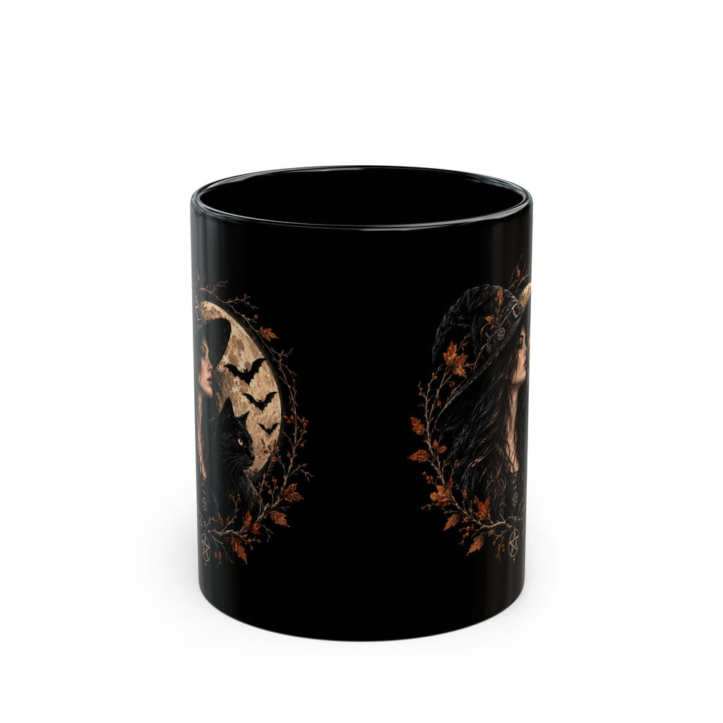 Schwarze Hexentasse mit Hexe, schwarzer Katze und Vollmond