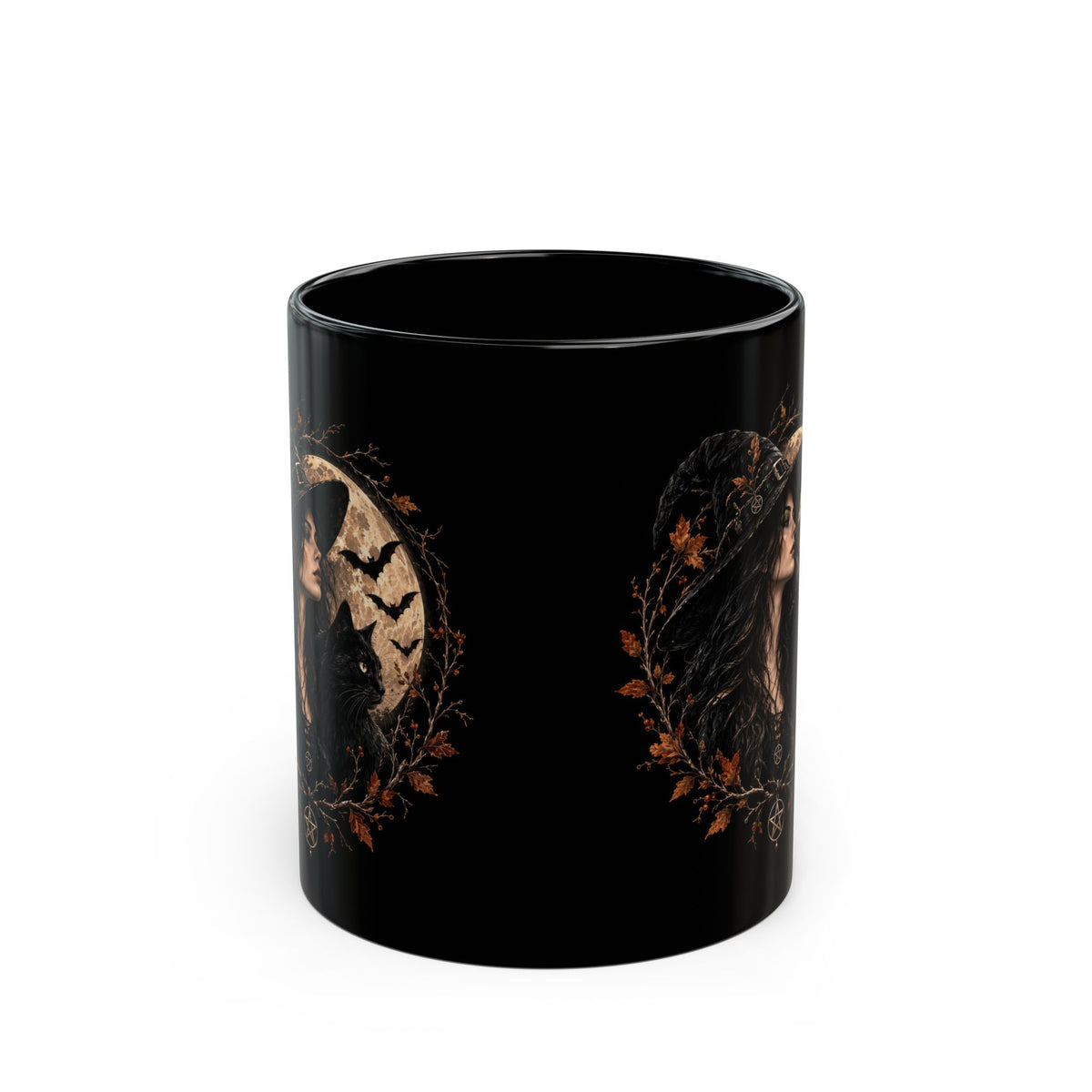 Schwarze Hexentasse mit Hexe, schwarzer Katze und Vollmond