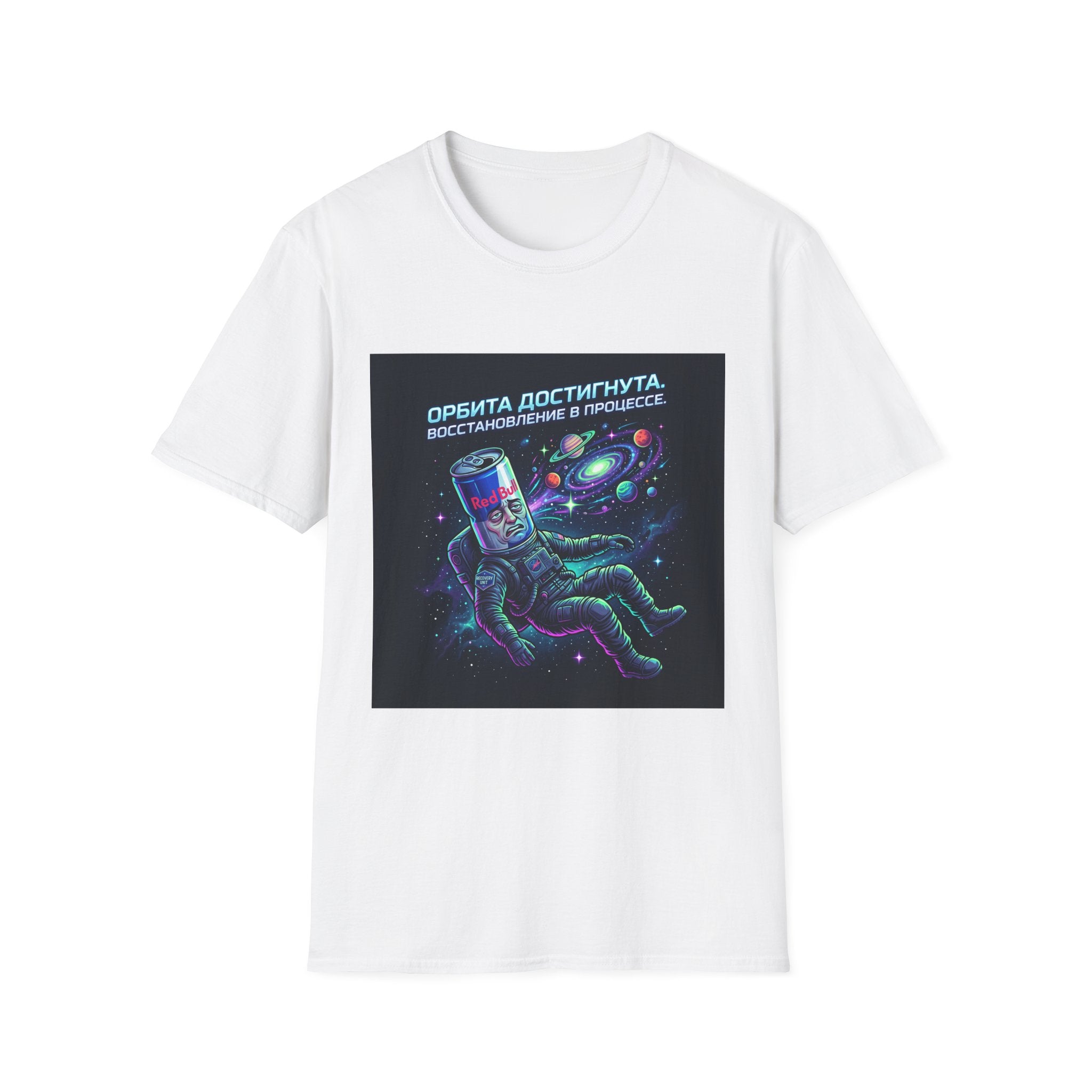 Orbital Reset T-Shirt — "Орбита достигнута. Восстановление в процессе." Cosmic Energy Drink Tee
