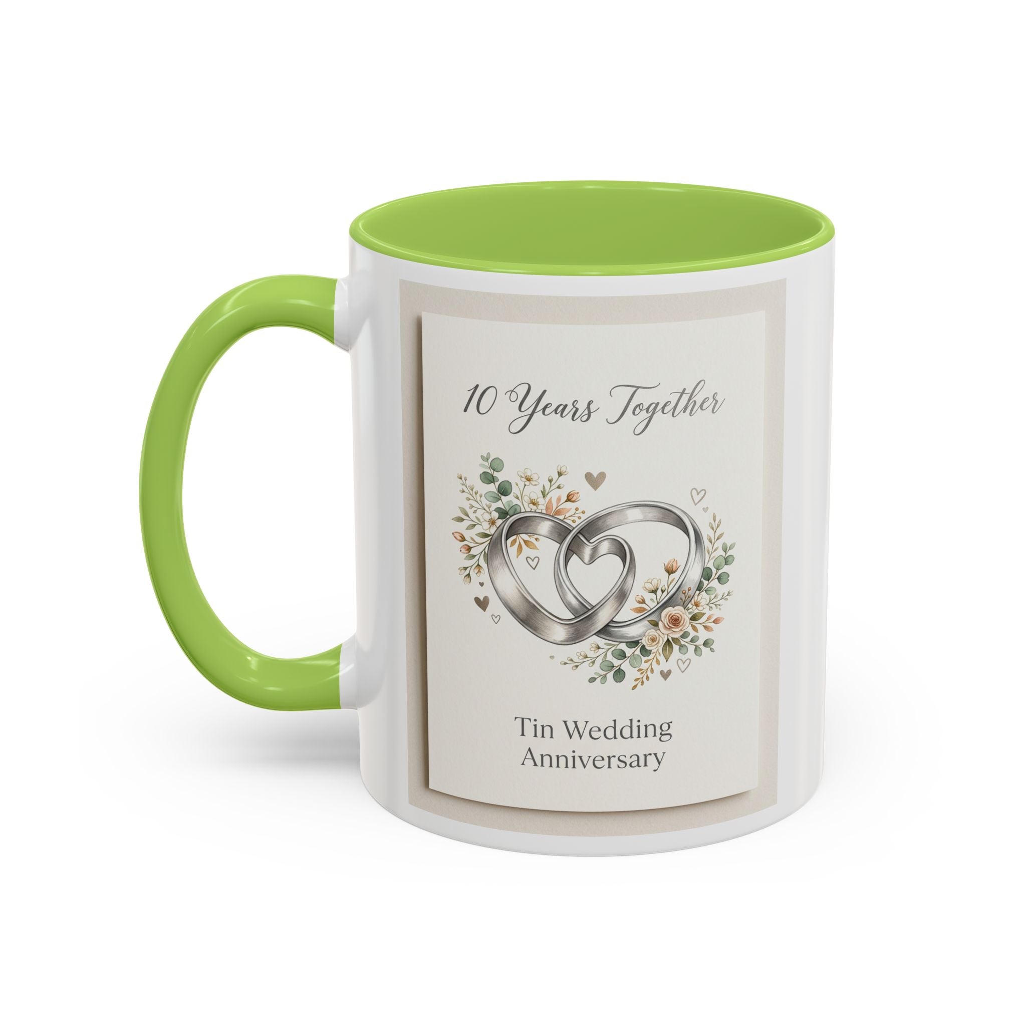 10th Wedding Anniversary Tin Rings Coffee Mug — '10 Years Together' Floral Accent