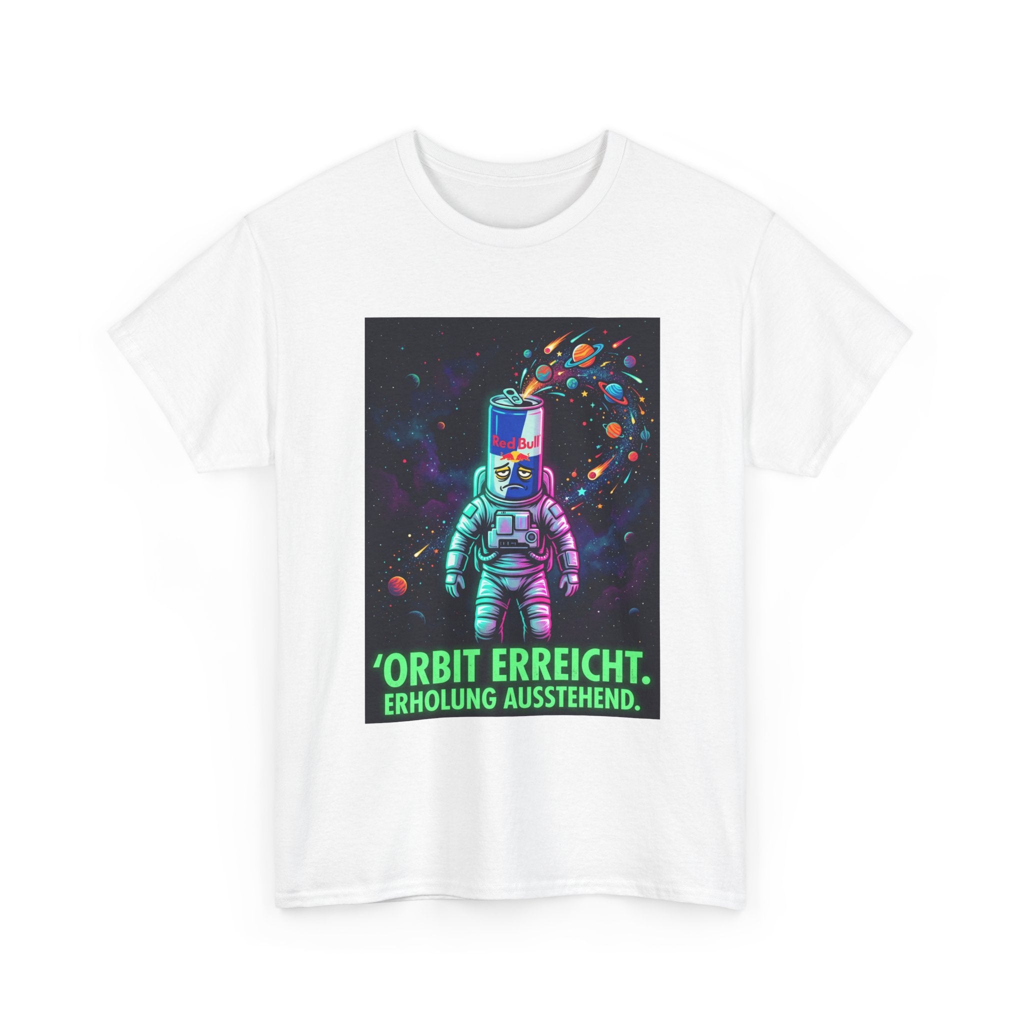 Astronaut Graphic Tee — “Orbit erreicht. Erholung ausstehend.” Neon Space Shirt