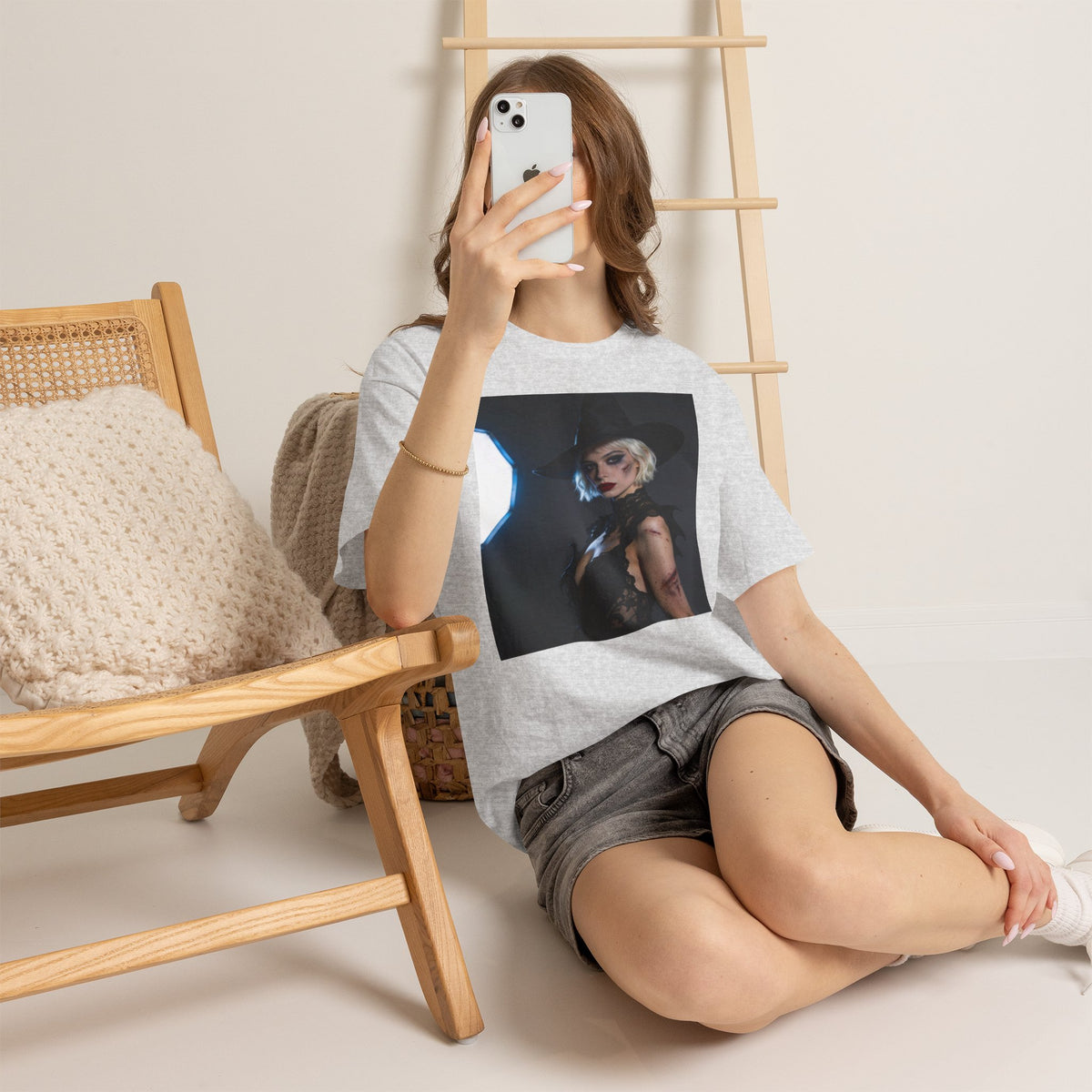 Gothic witch T-shirt with artistic witch portrait and dark Halloween design