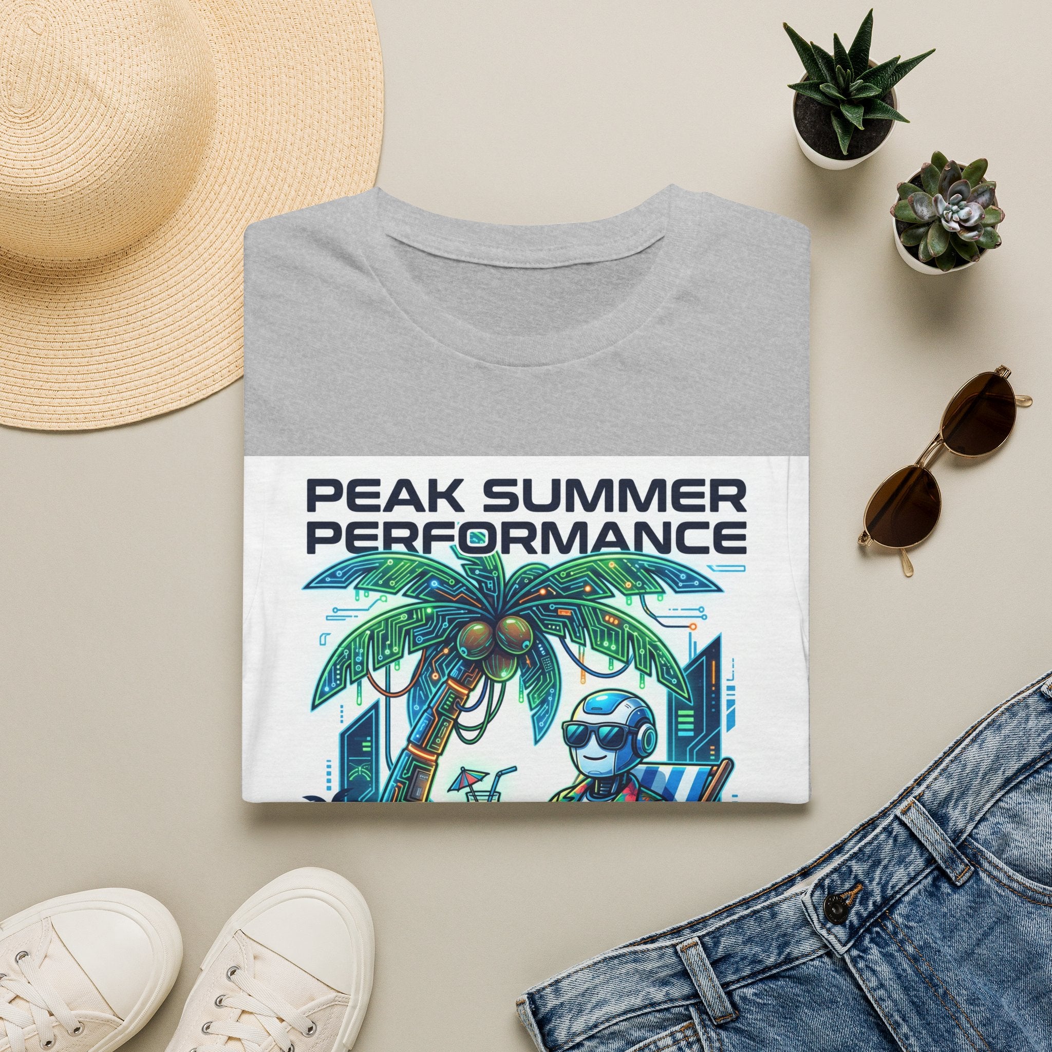 Peak Summer Performance T-Shirt — Retro Palm Tree & Relaxing Robot Graphic Tee
