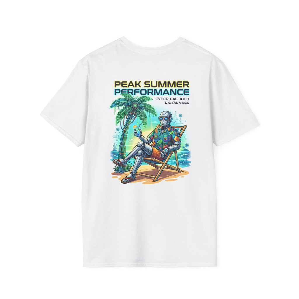 Peak Summer Performance T-Shirt — Retro Palm Tree & Relaxing Robot Graphic Tee