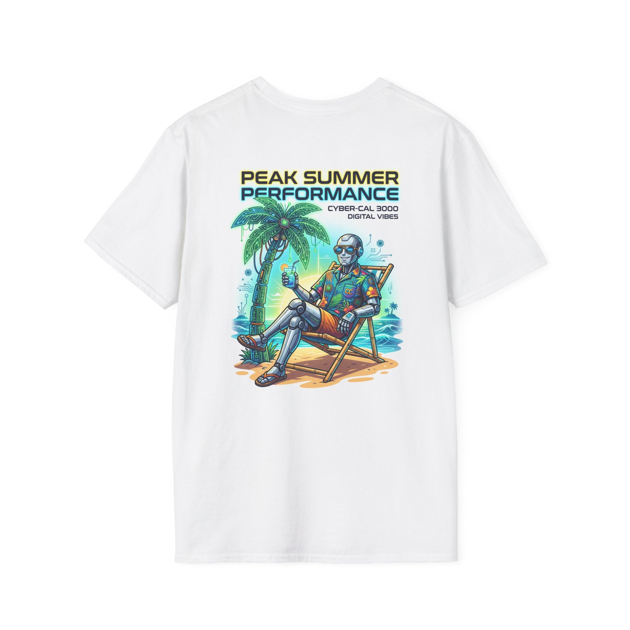 Peak Summer Performance T-Shirt — Retro Palm Tree & Relaxing Robot Graphic Tee