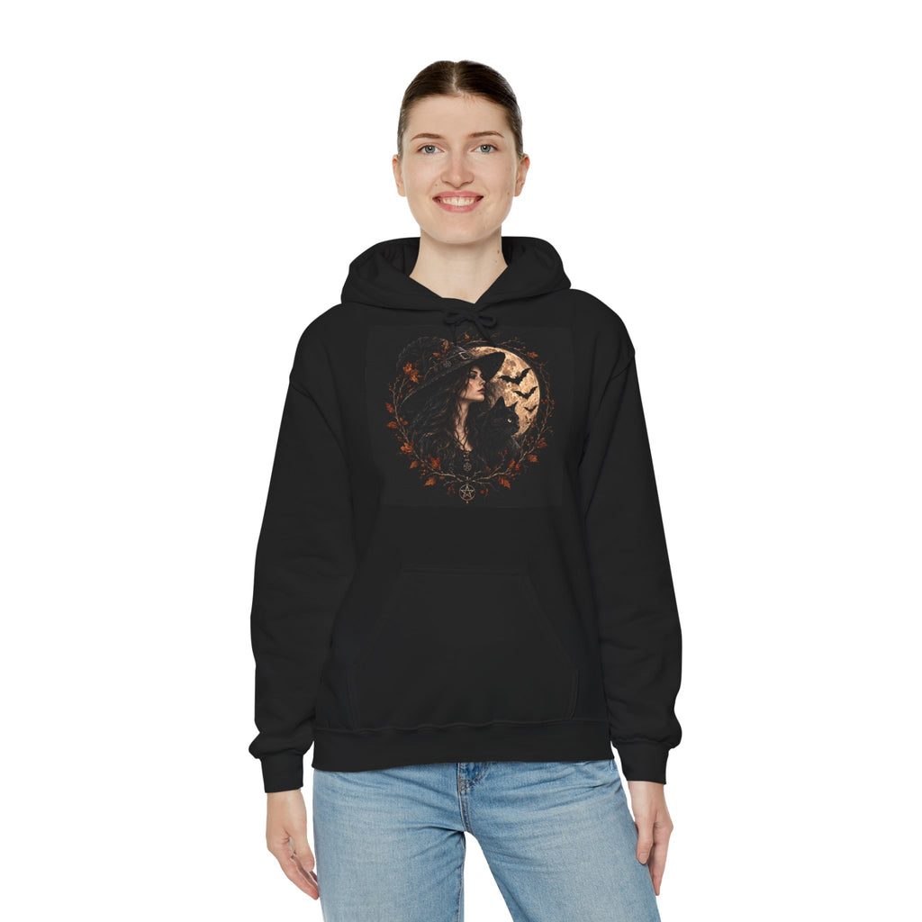 Gothic witch hoodie in dark autumn style with moon and bats