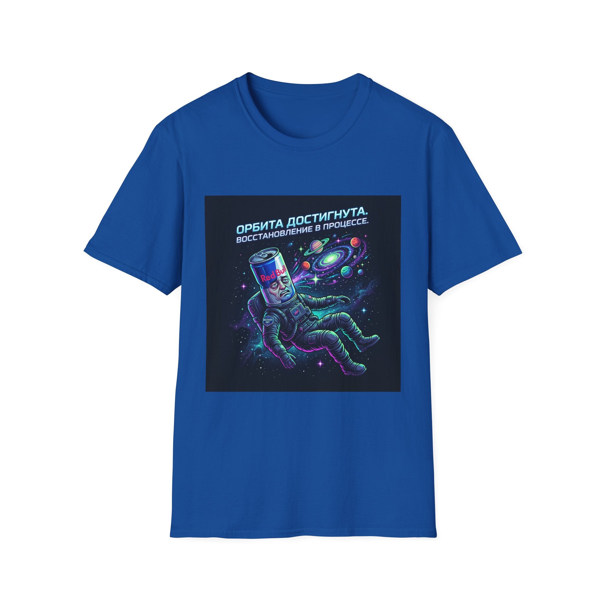 Orbital Reset T-Shirt — "Орбита достигнута. Восстановление в процессе." Cosmic Energy Drink Tee