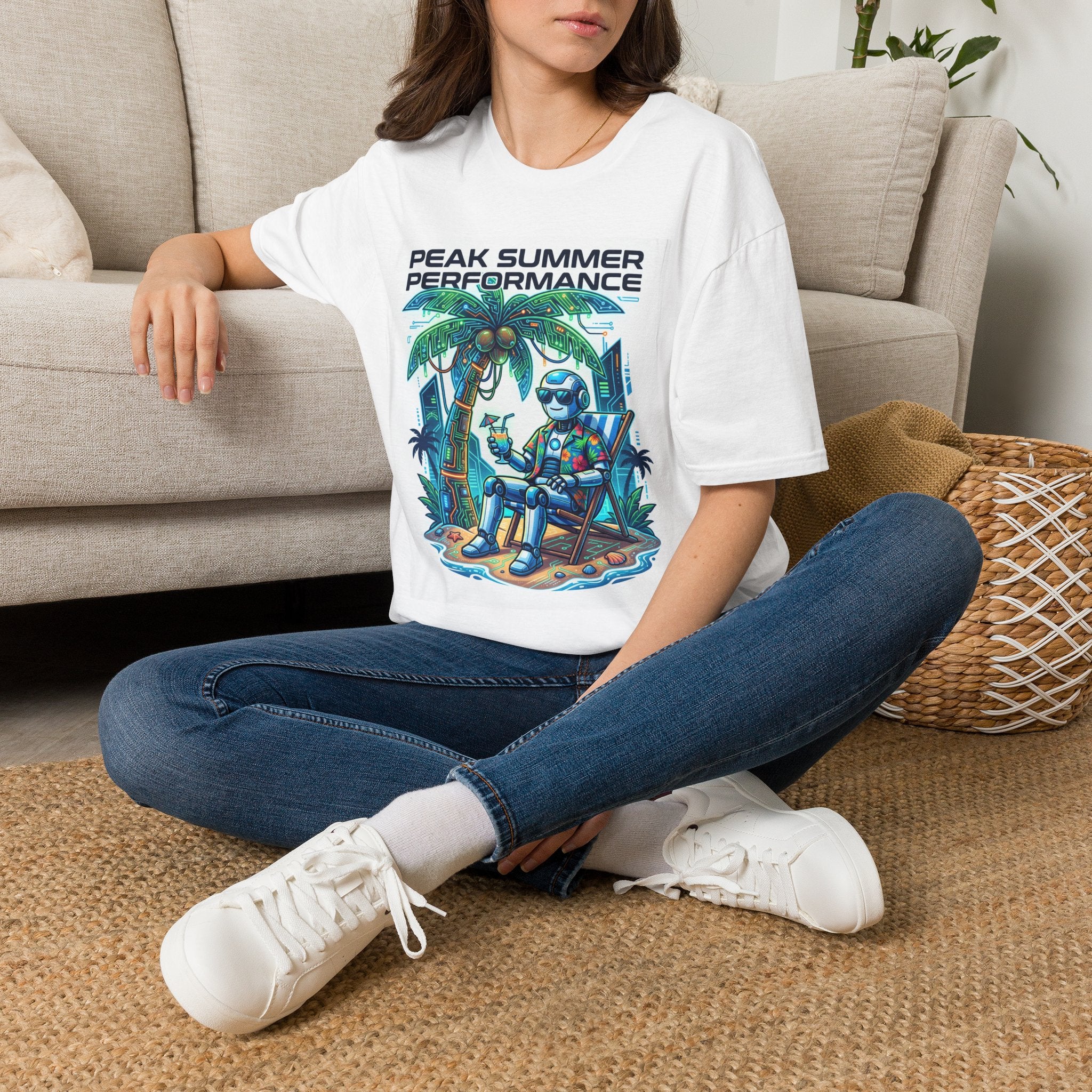 Peak Summer Performance T-Shirt — Retro Palm Tree & Relaxing Robot Graphic Tee