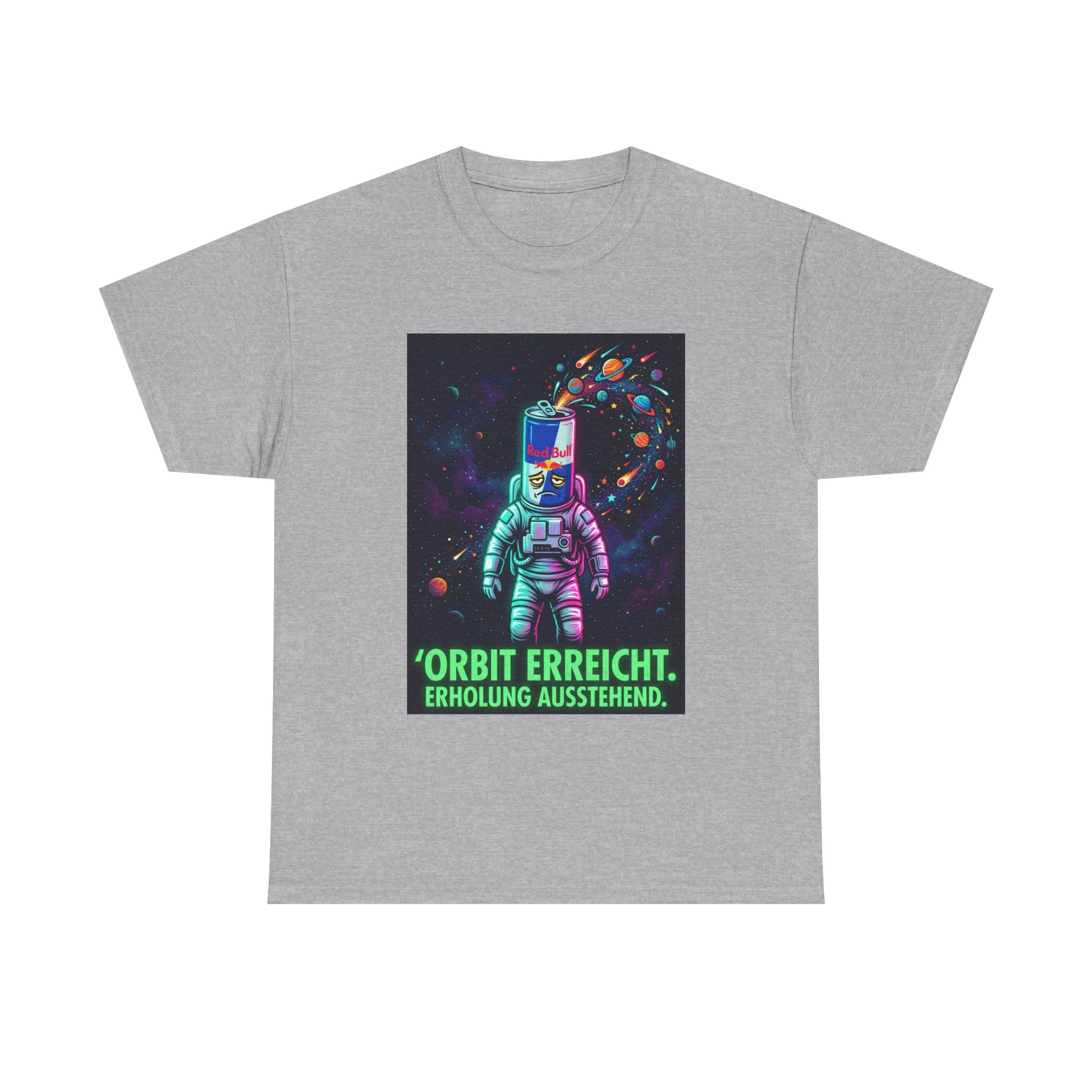 Astronaut Graphic Tee — “Orbit erreicht. Erholung ausstehend.” Neon Space Shirt