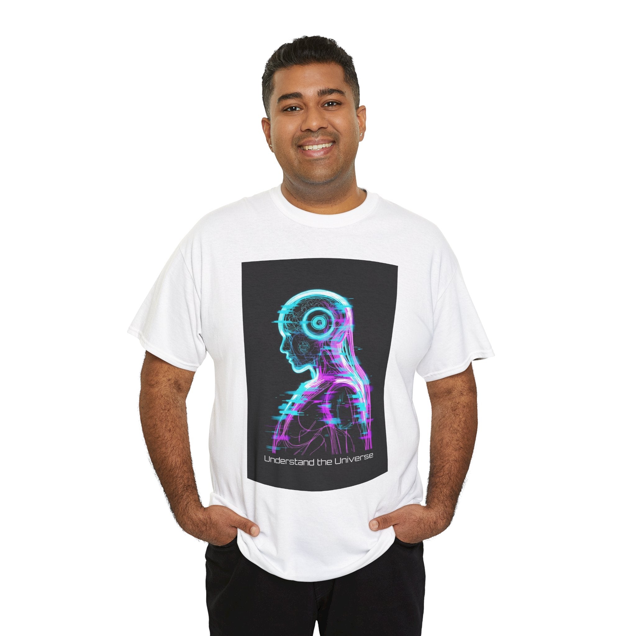 Cyberpunk Android Tee — "I Understand the Universe" Neon Robot Graphic T-Shirt