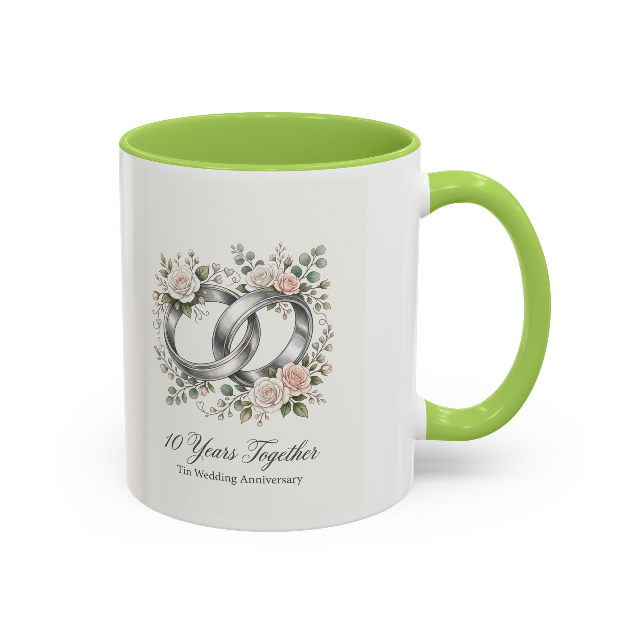 10th Wedding Anniversary Tin Rings Coffee Mug — '10 Years Together' Floral Accent