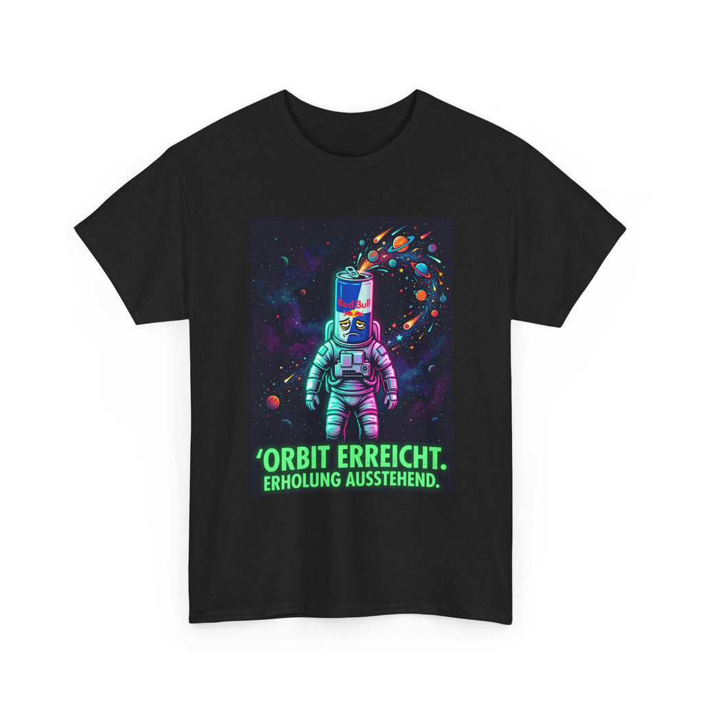 Astronaut Graphic Tee — “Orbit erreicht. Erholung ausstehend.” Neon Space Shirt