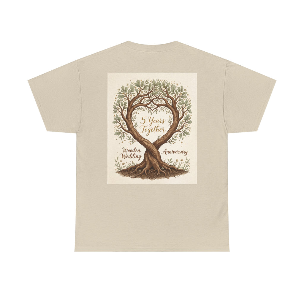 Wooden Wedding Anniversary Tee — "5 Years Together" Tree Heart Design