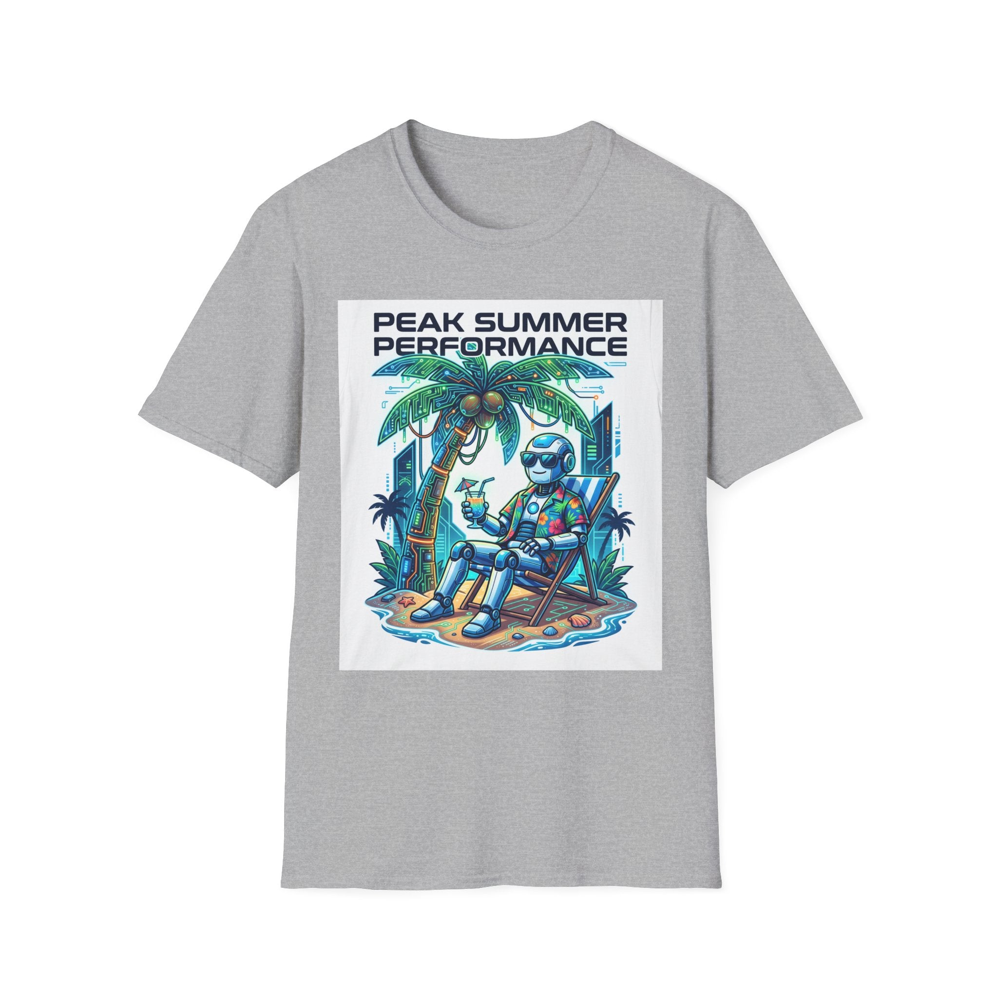 Peak Summer Performance T-Shirt — Retro Palm Tree & Relaxing Robot Graphic Tee